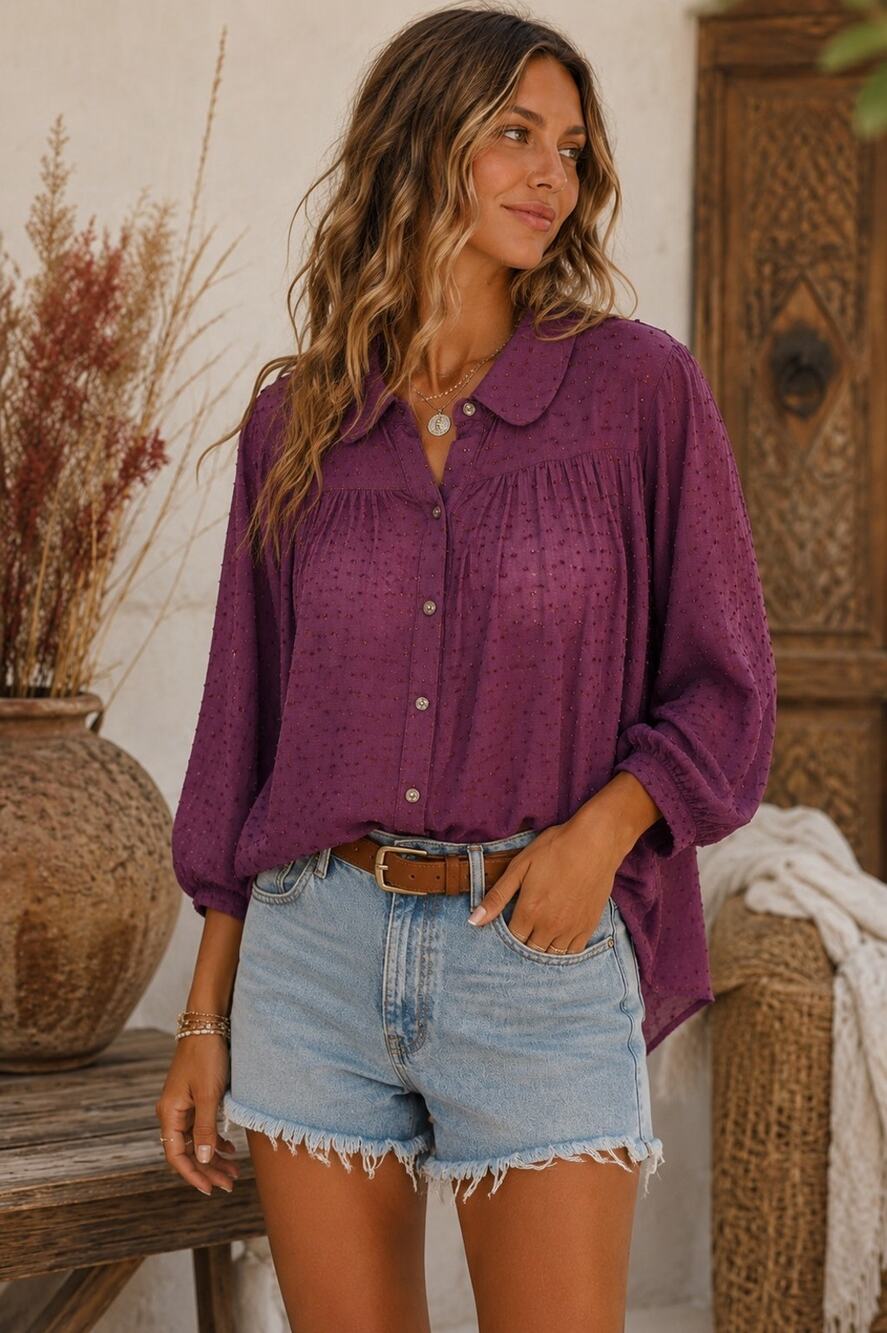 Free People Dobby Sparrow Swiss Dot Button Down Top Plum Purple Size Large